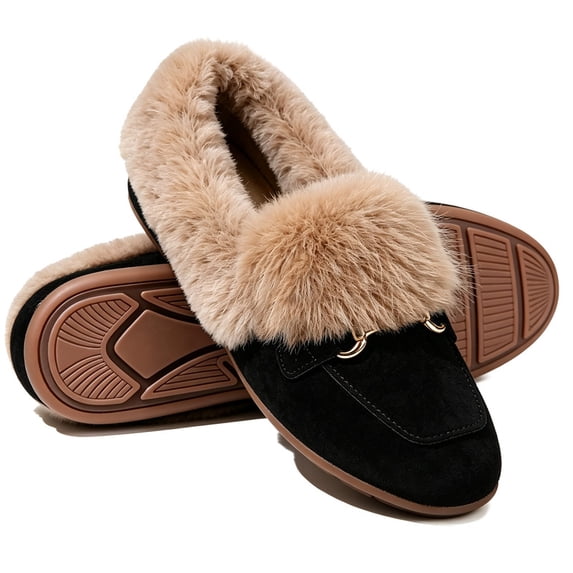 Knivor Cozy Moccasin Slippers for Women Metal Slip On Warm Fluffy Slippers Closed Toe Fashion Loafers Slippers for Indoor Outdoor House Shoes