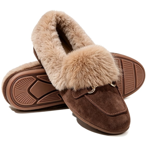 Knivor Cozy Moccasin Slippers for Women Metal Slip On Warm Fluffy Slippers Closed Toe Fashion Loafers Slippers for Indoor Outdoor House Shoes