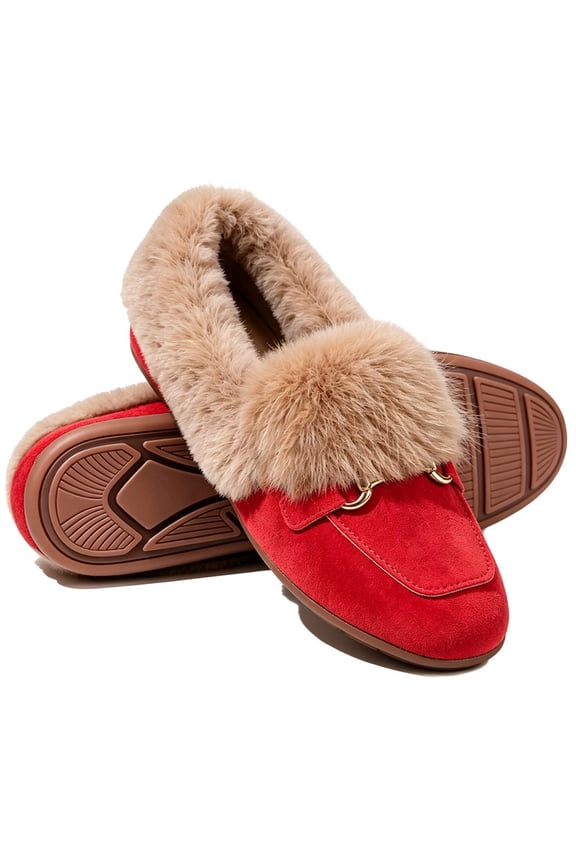 Cozy Moccasin Slippers for Women Metal Slip On Warm Fluffy Slippers Closed Toe Fashion Loafers Slippers for Indoor Outdoor House Shoes