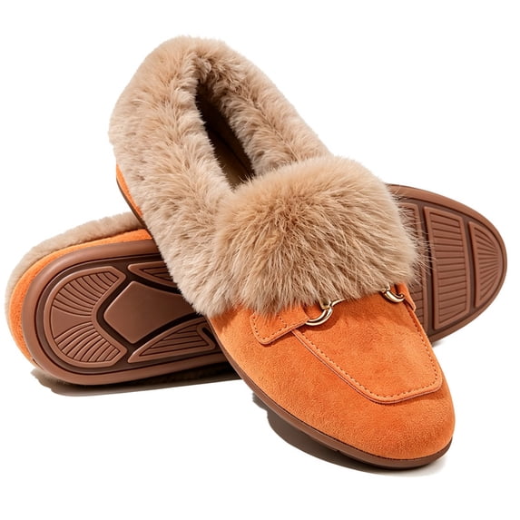 Knivor Cozy Moccasin Slippers for Women Metal Slip On Warm Fluffy Slippers Closed Toe Fashion Loafers Slippers for Indoor Outdoor House Shoes