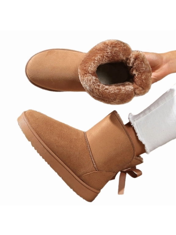 Cozy Winter Boots for Women Fuzzy Warm Ankle Snow Boots with Back Bow Detail Stylish Slip On Short Boots for Casual Cold Weather Outdoor Wear