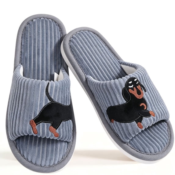Knivor Cute Animal Slippers for Women Dachshund Sausage Dog Embroidered Corduroy Open Back House Slippers Warm Non Slip Cozy Indoor Bedroom Slide Slippers