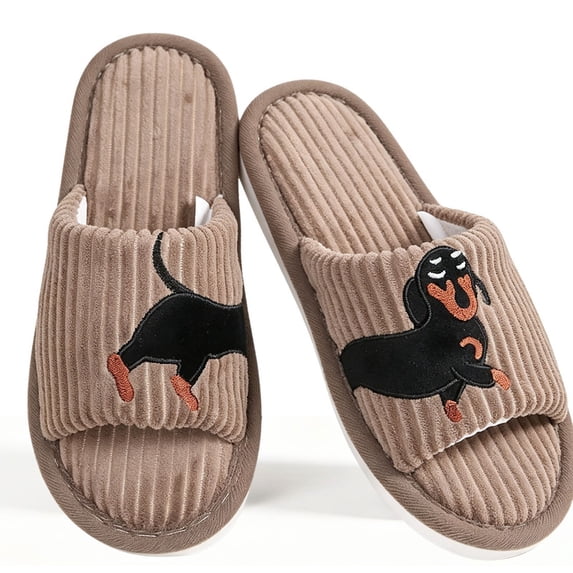 Knivor Cute Animal Slippers for Women Dachshund Sausage Dog Embroidered Corduroy Open Back House Slippers Warm Non Slip Cozy Indoor Bedroom Slide Slippers