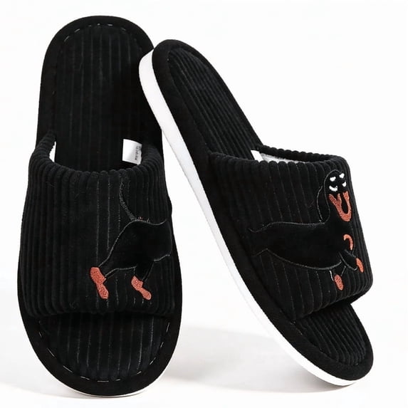 Knivor Cute Animal Slippers for Women Dachshund Sausage Dog Embroidered Corduroy Open Back House Slippers Warm Non Slip Cozy Indoor Bedroom Slide Slippers