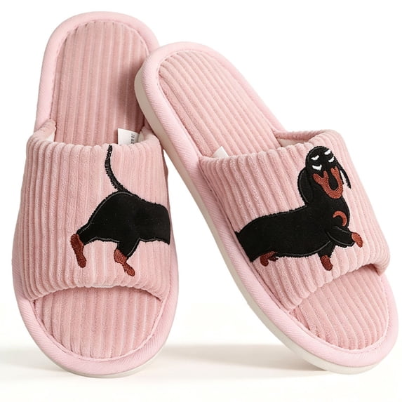 Knivor Cute Animal Slippers for Women Dachshund Sausage Dog Embroidered Corduroy Open Back House Slippers Warm Non Slip Cozy Indoor Bedroom Slide Slippers