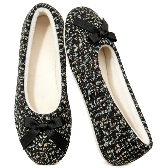 Knivor Fluffy Ballerina House Slippers for WomenTweed Bow Fleece Lined Non Slip Closed Back Flat Indoor Lounge Slippers