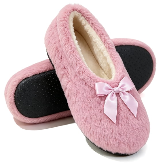 Knivor Fluffy Ballerina Slippers for Women Bow Decor Sherpa Fleece Lined Non Slip Closed Back Comfy Indoor Slippers Lounge House Slippers