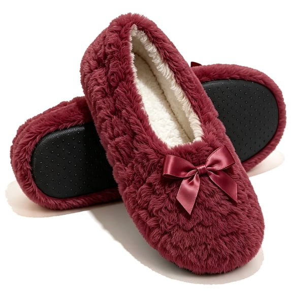 Knivor Fluffy Ballerina Slippers for Women Bow Decor Sherpa Fleece Lined Non Slip Closed Back Comfy Indoor Slippers Lounge House Slippers