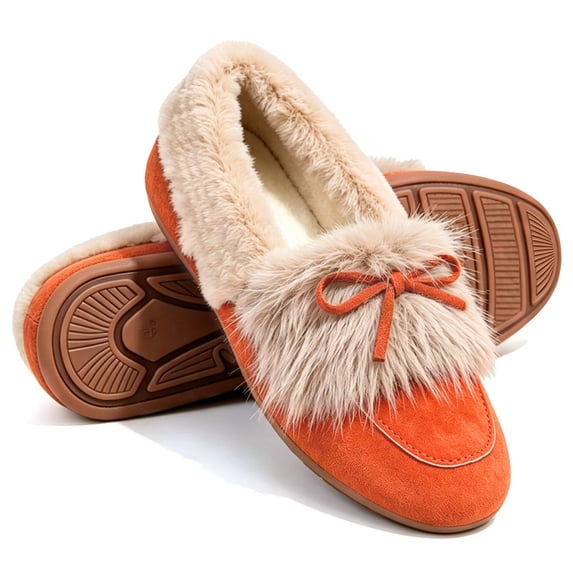 Knivor Fuzzy Bow Moccasin Slippers for Women Suede Faux Fur Lined Slip On Loafer House Shoes Non Slip Sole Indoor Outdoor Winter Warm House Slippers