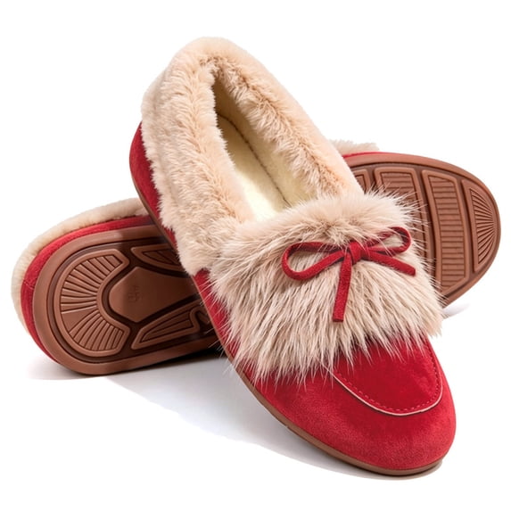 Knivor Fuzzy Bow Moccasin Slippers for Women Suede Faux Fur Lined Slip On Loafer House Shoes Non Slip Sole Indoor Outdoor Winter Warm House Slippers