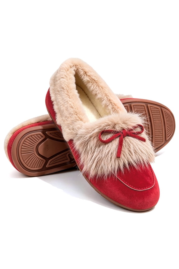 Fuzzy Bow Moccasin Slippers for Women Suede Faux Fur Lined Slip On Loafer House Shoes Non Slip Sole Indoor Outdoor Winter Warm House Slippers