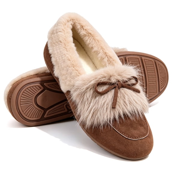 Knivor Fuzzy Bow Moccasin Slippers for Women Suede Faux Fur Lined Slip On Loafer House Shoes Non Slip Sole Indoor Outdoor Winter Warm House Slippers