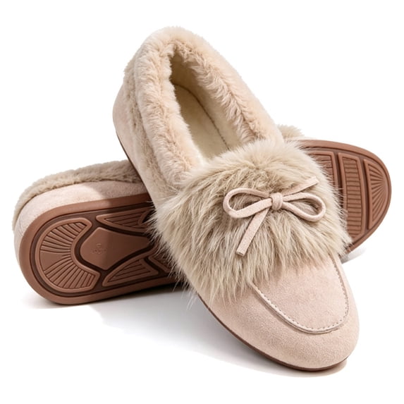 Knivor Fuzzy Bow Moccasin Slippers for Women Suede Faux Fur Lined Slip On Loafer House Shoes Non Slip Sole Indoor Outdoor Winter Warm House Slippers