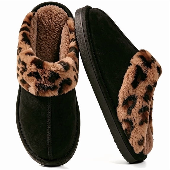 Knivor Fuzzy Slippers for Women Scuff Slippers Leopard Faux Fur Cuff Faux Suede Slip‑On House Slippers Plush Lined Warm Non‑Slip Indoor Outdoor Bedroom