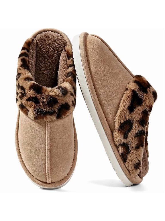 Fuzzy Slippers for Women Scuff Slippers Leopard Faux Fur Cuff Faux Suede Slip‑On House Slippers Plush Lined Warm Non‑Slip Indoor Outdoor Bedroom