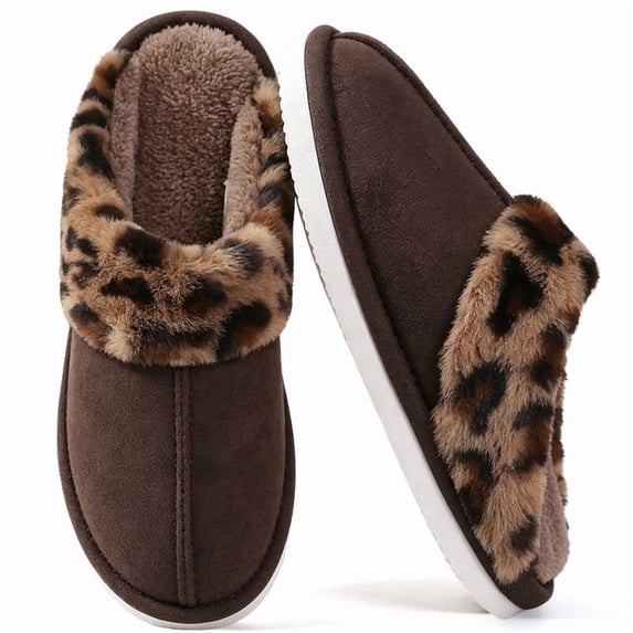 Knivor Fuzzy Slippers for Women Scuff Slippers Leopard Faux Fur Cuff Faux Suede Slip‑On House Slippers Plush Lined Warm Non‑Slip Indoor Outdoor Bedroom