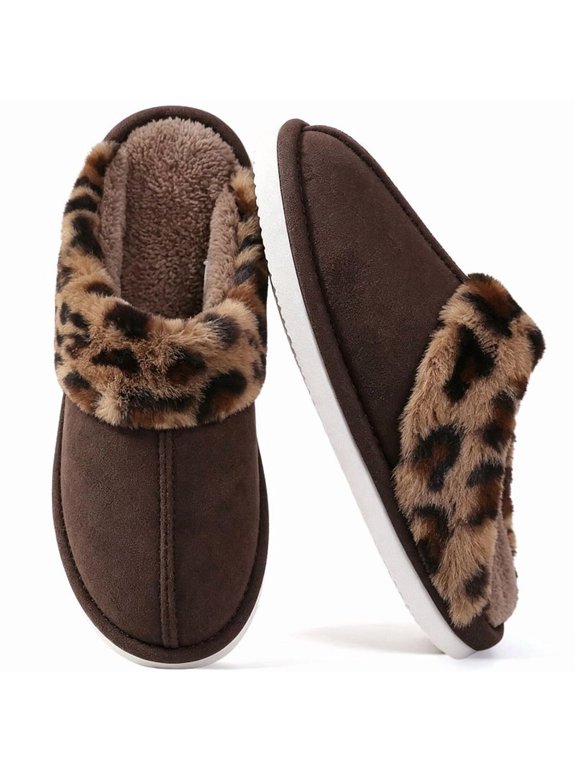 Fuzzy Slippers for Women Scuff Slippers Leopard Faux Fur Cuff Faux Suede Slip‑On House Slippers Plush Lined Warm Non‑Slip Indoor Outdoor Bedroom