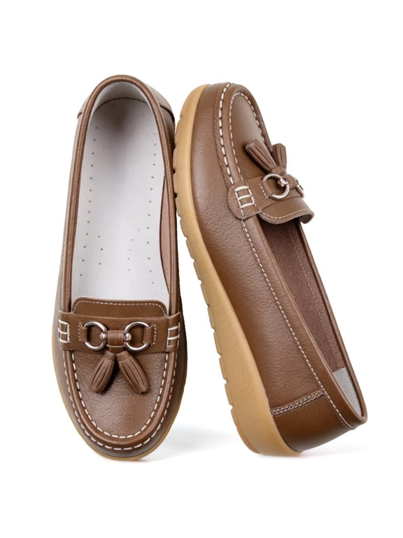 Leather Dressy Flats for Women with Tassel Metal Comfort Lightweight Slip-On Loafers Driving Flats Shoes with Rubber Non Slip Sole Perfect Work Walking Casual Daily Wear
