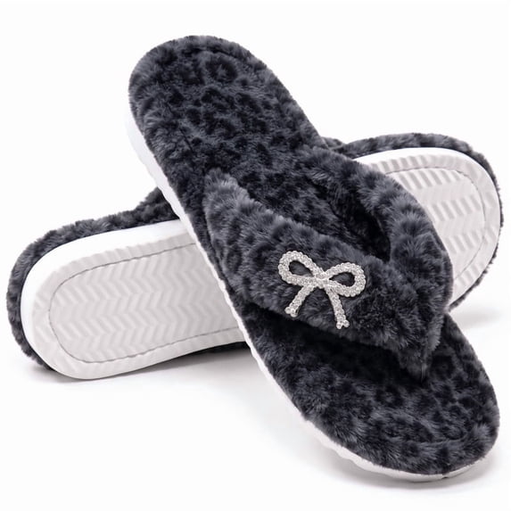 Knivor Leopard Print Fuzzy Flip Flop House Slippers for Women Warm Non Slip Indoor Bedroom Thong Slippers