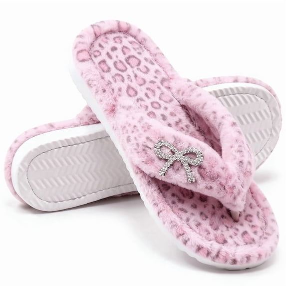 Knivor Leopard Print Fuzzy Flip Flop House Slippers for Women Warm Non Slip Indoor Bedroom Thong Slippers