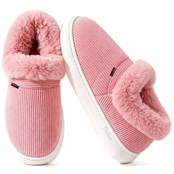 Knivor Memory Foam Bootie Slippers for Women Men Unisex Corduroy Faux Fur Collar Closed Back House Slippers Plush Fuzzy Warm Indoor Winter Home Shoes for Couples