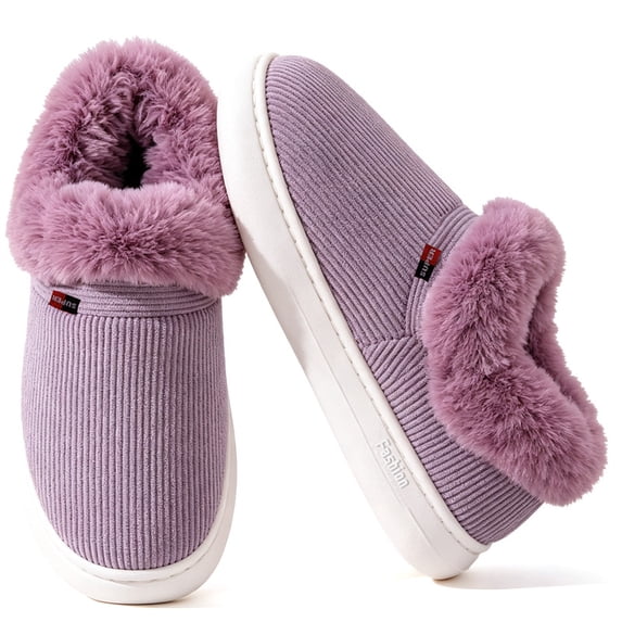 Knivor Memory Foam Bootie Slippers for Women Men Unisex Corduroy Faux Fur Collar Closed Back House Slippers Plush Fuzzy Warm Indoor Winter Home Shoes for Couples