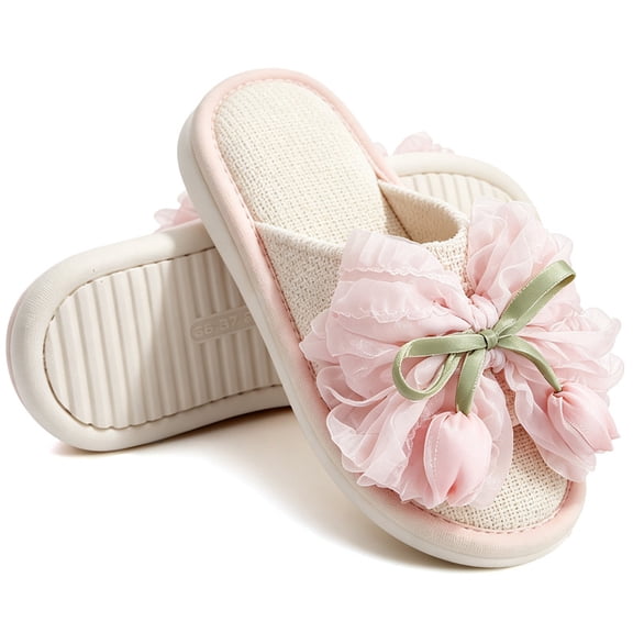 Knivor Memory Foam Scuff Slippers for Women Linen Fabric Flower Bow Decor SlipβOn Bedroom House Slippers Soft Breathable Indoor Loungewear House Shoes for Ladies