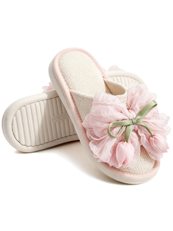 Memory Foam Scuff Slippers for Women Linen Fabric Flower Bow Decor Slip‑On Bedroom House Slippers Soft Breathable Indoor Loungewear House Shoes for Ladies