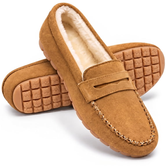 Knivor Moccasin Slippers for Women Faux Suede Fleece Lined Slip‑On Cozy Bedroom House Slippers Soft Warm Winter Indoor Outdoor House Shoes