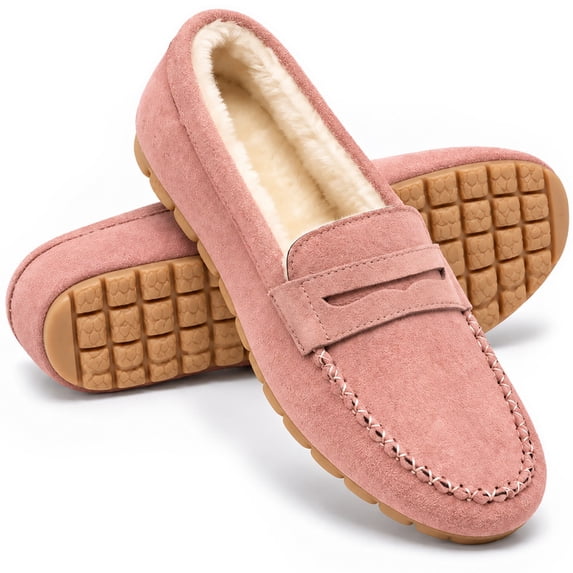 Knivor Moccasin Slippers for Women Faux Suede Fleece Lined Slip‑On Cozy Bedroom House Slippers Soft Warm Winter Indoor Outdoor House Shoes