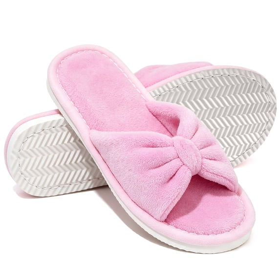 Knivor Open Toe Bow House Slippers for Women Soft Coral Fleece Non Slip Flat Indoor Slide Slippers for Bedroom Lounge