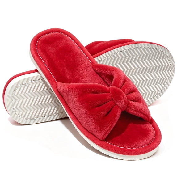 Knivor Open Toe Bow House Slippers for Women Soft Coral Fleece Non Slip Flat Indoor Slide Slippers for Bedroom Lounge