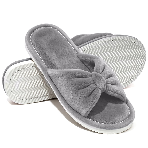 Knivor Open Toe Bow House Slippers for Women Soft Coral Fleece Non Slip Flat Indoor Slide Slippers for Bedroom Lounge