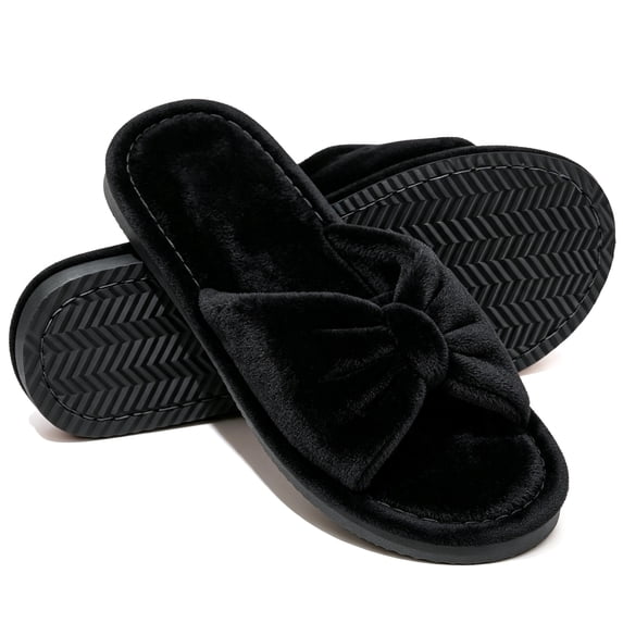 Knivor Open Toe Bow House Slippers for Women Soft Coral Fleece Non Slip Flat Indoor Slide Slippers for Bedroom Lounge