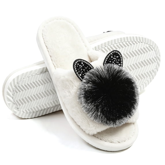 Knivor Open Toe Fuzzy House Slippers for Women Cute Pom Pom Decor Non Slip Fluffy Indoor Slide Slippers