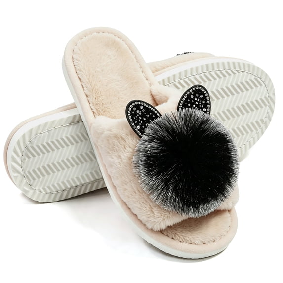 Knivor Open Toe Fuzzy House Slippers for Women Cute Pom Pom Decor Non Slip Fluffy Indoor Slide Slippers