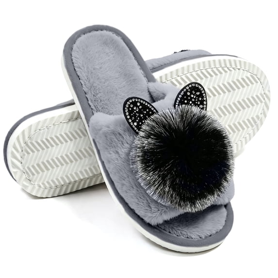 Knivor Open Toe Fuzzy House Slippers for Women Cute Pom Pom Decor Non Slip Fluffy Indoor Slide Slippers