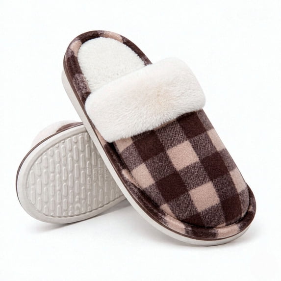 Knivor Plaid Scuff Slippers for Women Fuzzy Cuff Plush Lined House Slippers Non‑Slip Warm Indoor‑Outdoor Winter Home Shoes for Gift