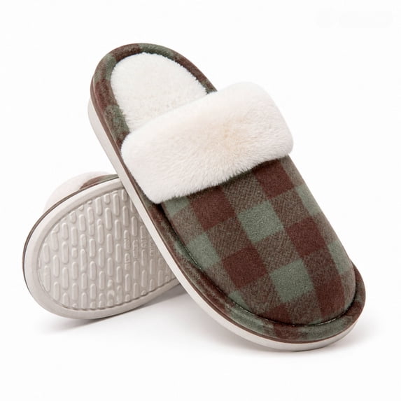 Knivor Plaid Scuff Slippers for Women Fuzzy Cuff Plush Lined House Slippers Non‑Slip Warm Indoor‑Outdoor Winter Home Shoes for Gift