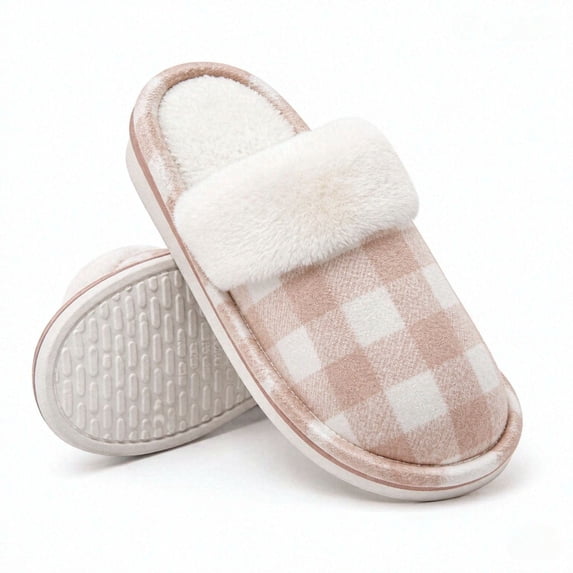 Knivor Plaid Scuff Slippers for Women Fuzzy Cuff Plush Lined House Slippers Non‑Slip Warm Indoor‑Outdoor Winter Home Shoes for Gift