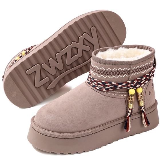 Knivor Platform Ankle Booties for Women Faux Fur Lined Braided Tassel Strap Non Slip Cold Weather Short Warm Winter Footwear
