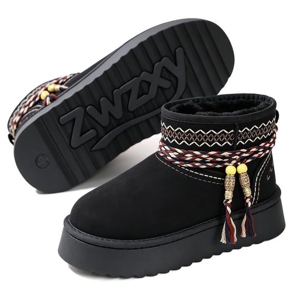 Knivor Platform Ankle Booties for Women Faux Fur Lined Braided Tassel Strap Non Slip Cold Weather Short Warm Winter Footwear