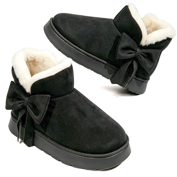 Knivor Platform Winter Bootie Slippers for Women Bow Decor Fleece Lined Closed Toe Non Slip Warm Indoor Light‑Outdoor House Slippers