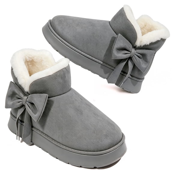 Knivor Platform Winter Bootie Slippers for Women Bow Decor Fleece Lined Closed Toe Non Slip Warm Indoor Light‑Outdoor House Slippers