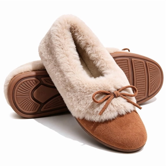 Knivor Plush Fleece Lined Moccasin Slippers for Women Fuzzy Slippers with Bow Closed Toe Slip On Cozy Warm Slippers for Indoor Outdoor House Shoes