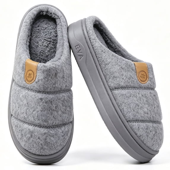 Knivor Quilted Fuzzy Open Back House Slippers for Men Winter Warm Platform Non Slip Cozy Lined Indoor Bedroom Slippers Large Size