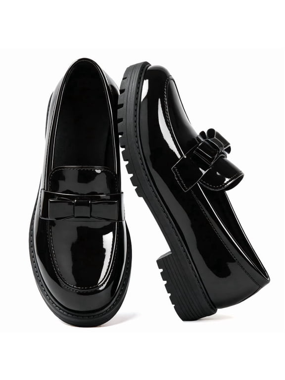 Retro Patent Leather Bow Loafers for Women Chunky Lug Sole Loafers Slip-On Dress Shoes for Work Casual Daily