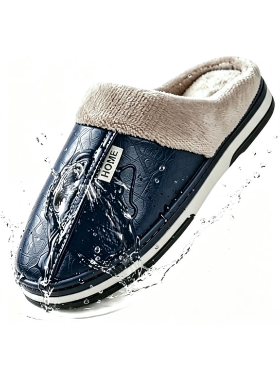 Scuff House Slippers for Men PU Waterproof Slip On Warm Fuzzy Fleece Lined Non Slip Thick Sole Indoor Outdoor Winter Slippers
