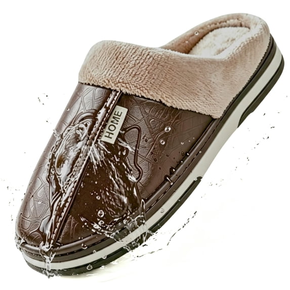 Knivor Scuff House Slippers for Men PU Waterproof Slip On Warm Fuzzy Fleece Lined Non Slip Thick Sole Indoor Outdoor Winter Slippers