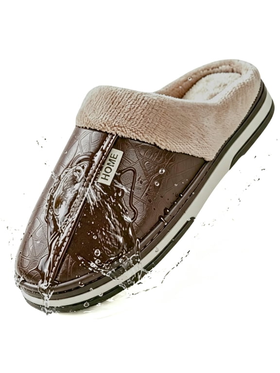 Scuff House Slippers for Men PU Waterproof Slip On Warm Fuzzy Fleece Lined Non Slip Thick Sole Indoor Outdoor Winter Slippers